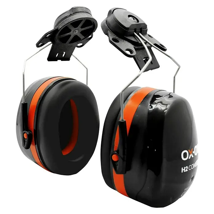 OX-ON Kapselgehörschutz Earmuffs H2 Comfort - Geeignet für: Schutzhelme, Schwarz, 30 dB - Ein Paar schwarze Oxford H2-Kopfhörer mit orangefarbenen Akzenten und Bügeln, die für einen hohen Tragekomfort sorgen.