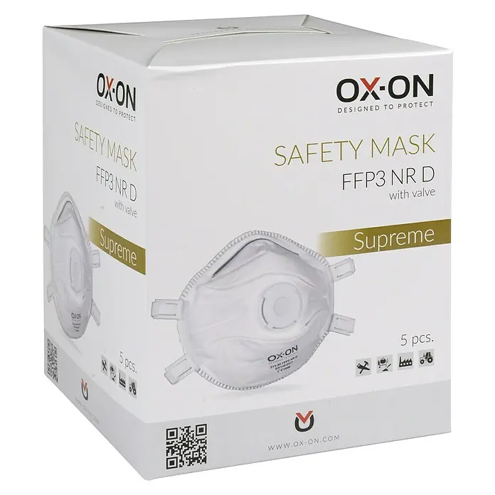 OX-ON Feinstaubmaske NR D w/Valve Supreme - FFP3, Gesamtumfang: 5 Stk. - Eine weiße Box mit Atemschutzmasken FFP3 NR D Supreme der Marke OX-ON, ideal für den Schutz in verschiedenen Arbeitsumgebungen.
