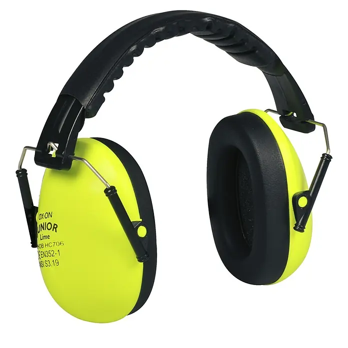 OX-ON Kinder-Gehörschutz Junior Earmuffs Basic - Neongelb, Schallschutz: 24 dB bei 2.000 Hz - Abbildung eines leuchtend gelben OX-ON Junior Gehörschutzes mit schwarzer Polsterung, der optimalen Schutz bietet.