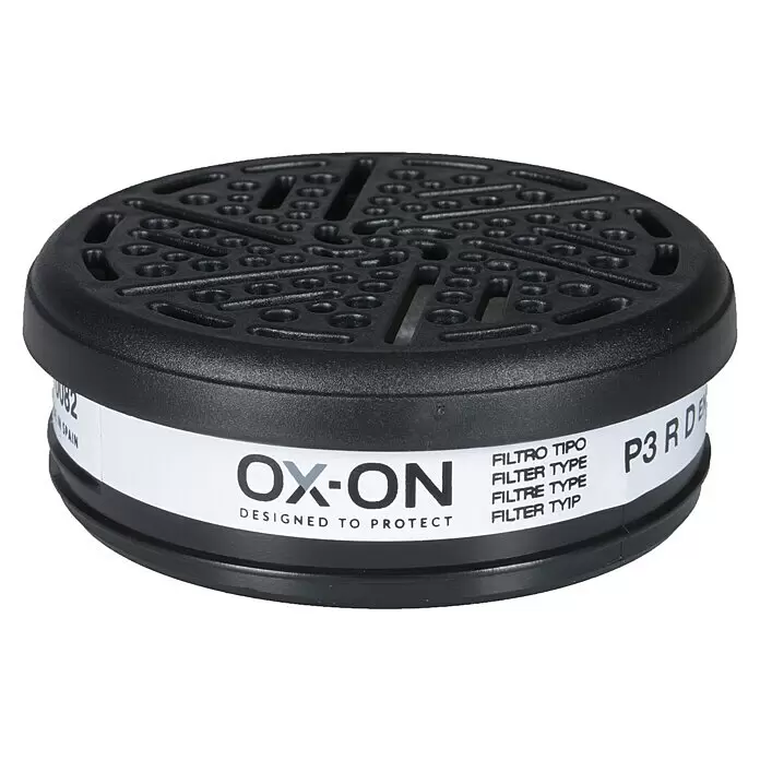 OX-ON Ersatzfilter Comfort P3 - Passend für: OX-ON-Halbmaske, Filterklasse: P3 - Schwarzer, runder OX-ON P3 RD Atemschutzfilter aus Kunststoff.