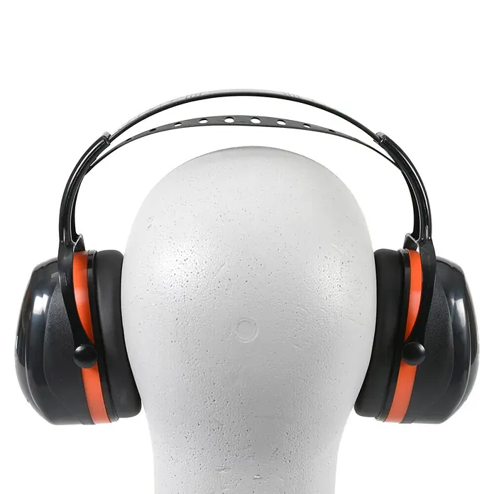 OX-ON Kapselgehörschutz Earmuffs D2 Comfort - SNR-Wert: 33 dB - Schwarzer Gehörschutz mit orangefarbenen Akzenten, ideal für laute Umgebungen. Bietet optimalen Schutz und Komfort.