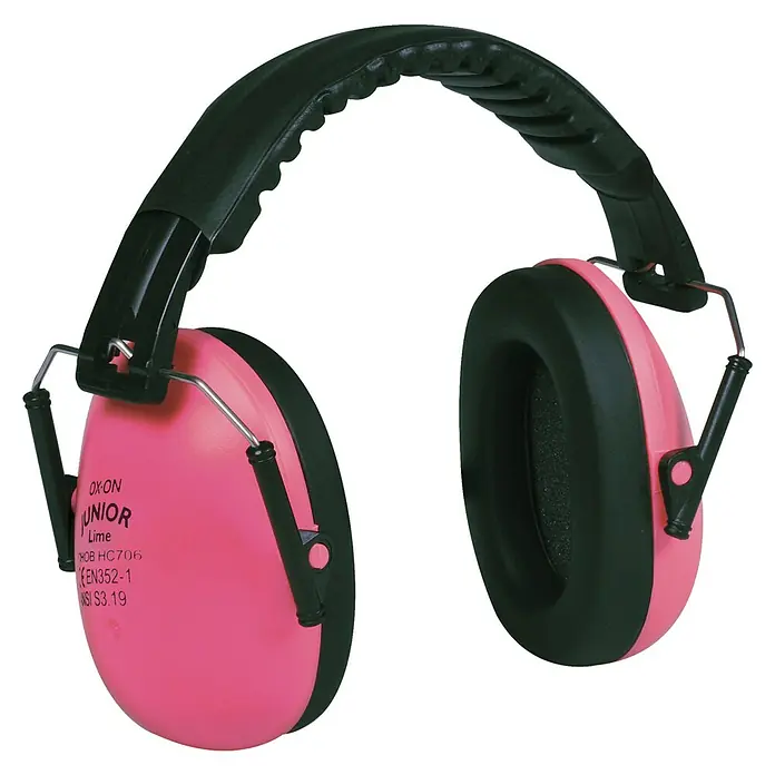 OX-ON Kinder-Gehörschutz Junior Earmuffs Basic - Pink, Schallschutz: 24 dB bei 2.000 Hz - Abgebildet ist ein pinkfarbener Ox-on Junior Gehörschutz, der speziell für Kinder entwickelt wurde, mit einem komfortablen schwarzen Kopfbügel.