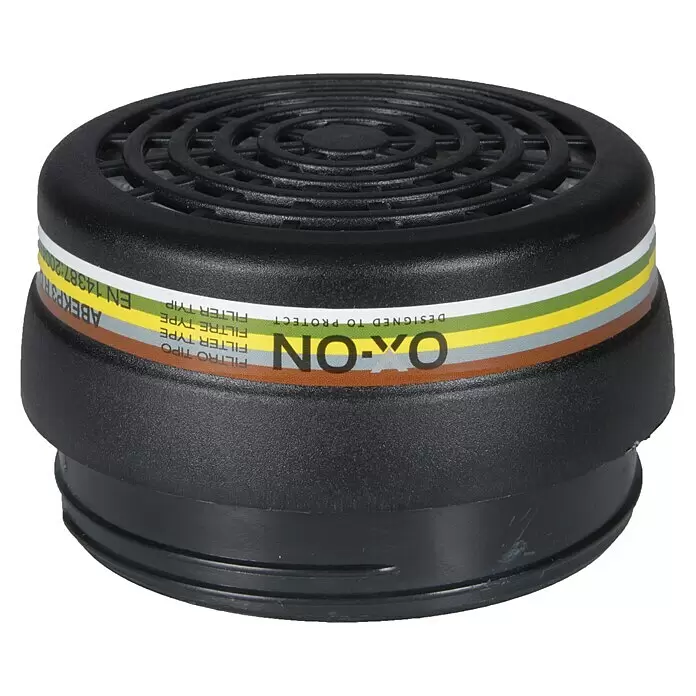 OX-ON Ersatzfilter Comfort ABEK1 P3 D - Passend für: OX-ON Halbmasken, Filterklasse: ABEK - Schwarzer Atemschutzfilter mit farbigen Streifen und Gitteroberseite für Atemschutz.