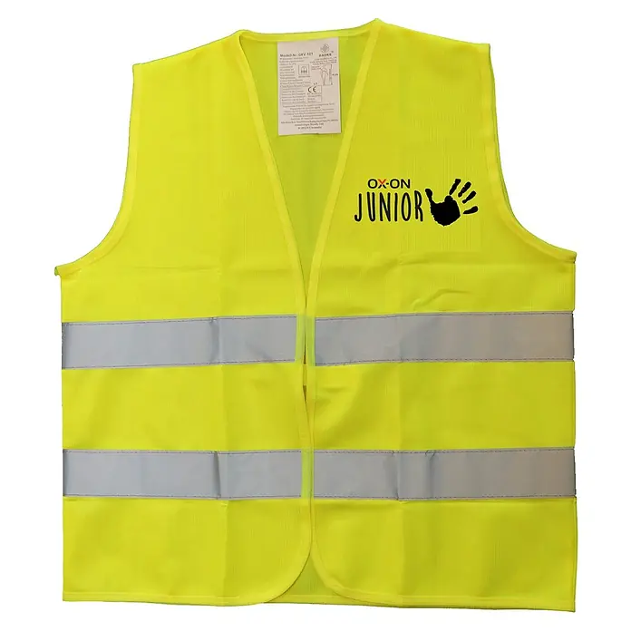 OX-ON Kinder- & Jugendwarnweste Junior Traffic Vest Comfort - Einheitsgröße, Warngelb - Gelbe OX-ON Junior Warnweste mit reflektierenden Streifen und Logo für Kinder, die im Straßenverkehr gut sichtbar sein sollen.