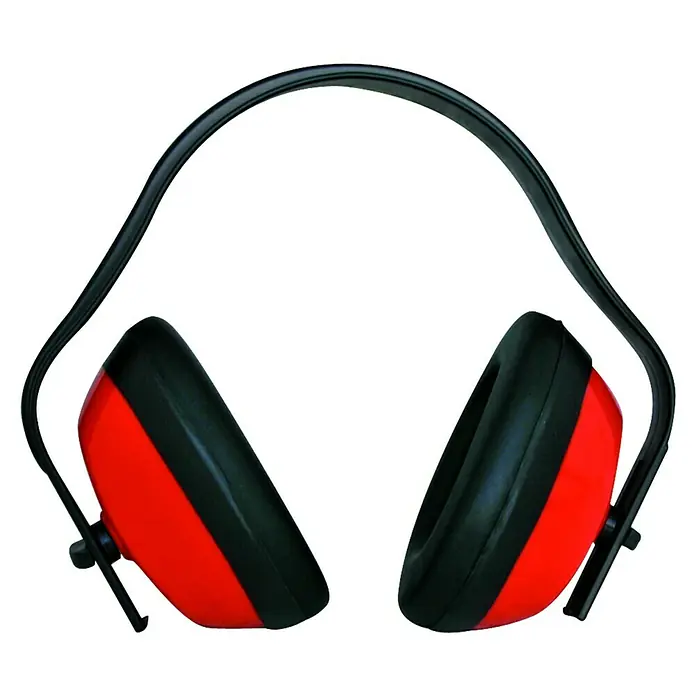 OX-ON Kapselgehörschutz Hobby Earmuffs Basic - Schwarz/Rot, Schallschutz: 20,6 dB bei 1.000 Hz - Das Bild zeigt einen orange-schwarzen Kapselgehörschutz mit einem schwarzen Bügel vor einem schwarzen Hintergrund.