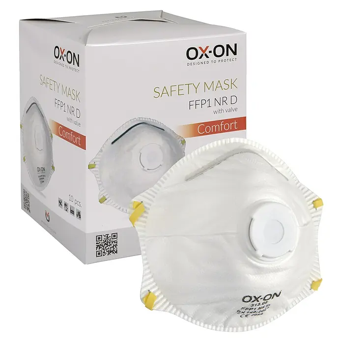 OX-ON Feinstaubmaske NR D w/Valve Comfort - FFP1, 10 Stk. - Eine weiße OX-ON FFP1 NR D-Sicherheitsmaske mit Ventil, die Komfort und Schutz bietet, vor einer Verpackung der gleichen Maske.