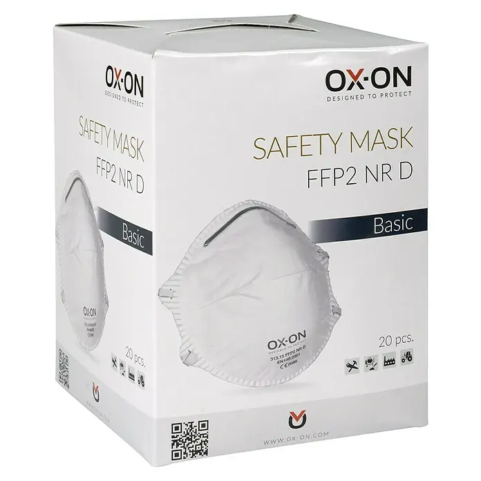 OX-ON Feinstaubmaske NR D Basic - FFP2, 20 Stk. - Schachtel mit OX-ON Atemschutzmasken FFP2 NR D Basic, die zuverlässigen Schutz bieten. Inhalt: 20 Stück.