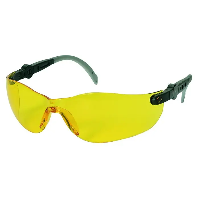 OX-ON Schutzbrille Space Comfort Yellow - Schwarz / Gelb, Verstellbare Bügel - Gelbe Schutzbrille mit schwarzem Rahmen und grauen Bügeln für optimalen Augenschutz bei Arbeiten.
