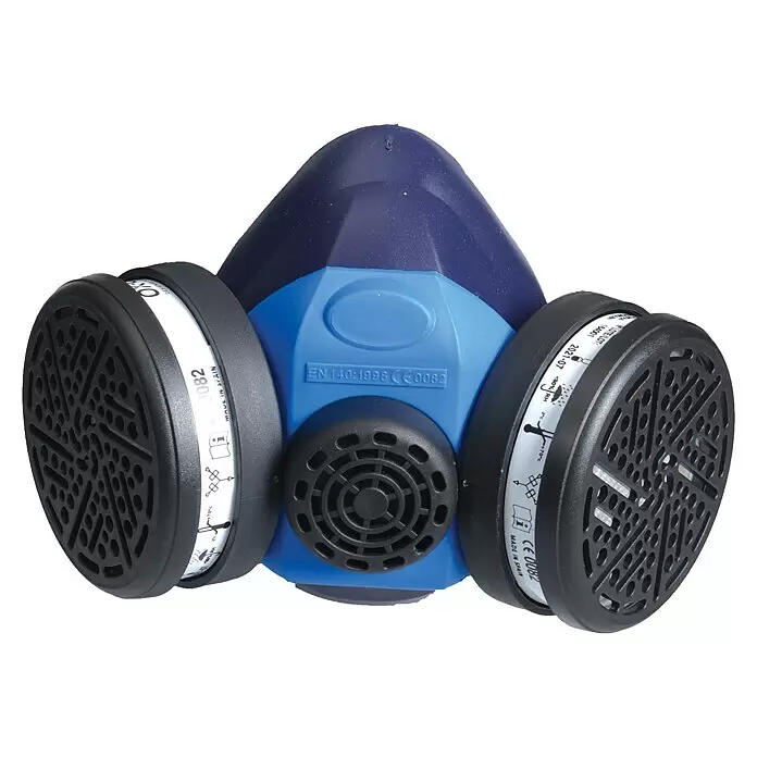 OX-ON Halbmaske Respiratory Kit Construction Comfort P3 - Filterklasse: P3 - Blaue Atemschutzmaske mit zwei schwarzen Partikelfiltern an den Seiten und einem zentralen Ausatemventil.