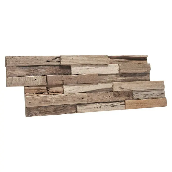 Panel de revestimiento Ultrawood Teca Colorado - 49,5 x 18 x 1,5 cm - Un primer plano de paneles de madera rústica, que muestra una solución de revestimiento de paredes cálida y natural. La textura y la variación de color de la madera son bien visibles.