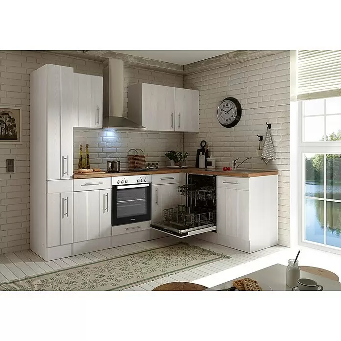 Respekta Premium Winkelküche Anton - B x T: 250 x 172 cm, Weiß, Mit Elektrogeräten - Weiße Holzküche mit Naturholz-Arbeitsplatten und integriertem Backofen sowie geöffnetem Geschirrspüler.