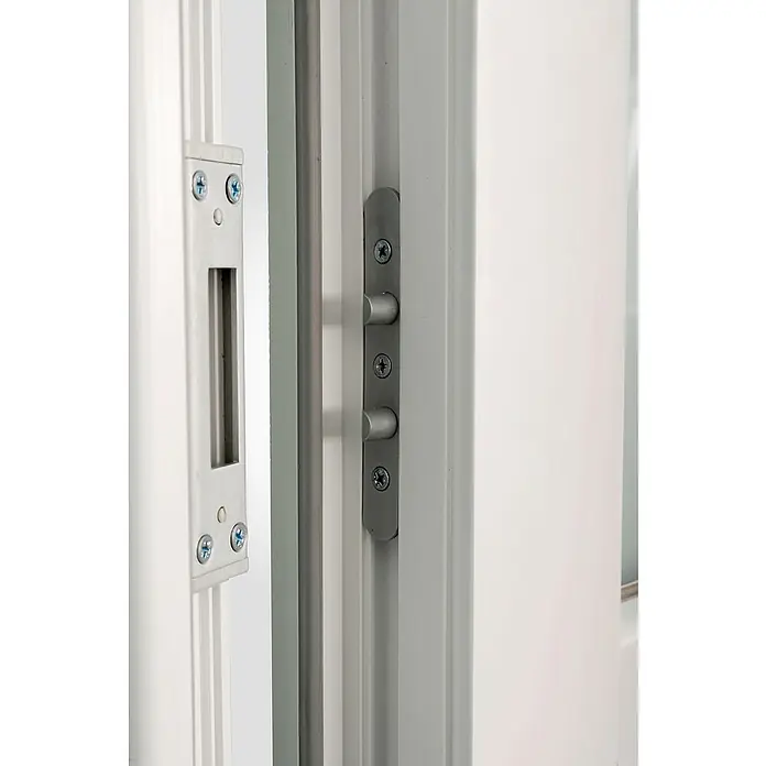 Panto Nebeneingangstür Premium SMK 510 - 98 x 198 cm, DIN Anschlag: Links, Anthrazit/Weiß - Nahaufnahme eines weißen Türschlosses mit Mehrfachverriegelung, das Sicherheit und Schutz für Ihr Zuhause gewährleistet.