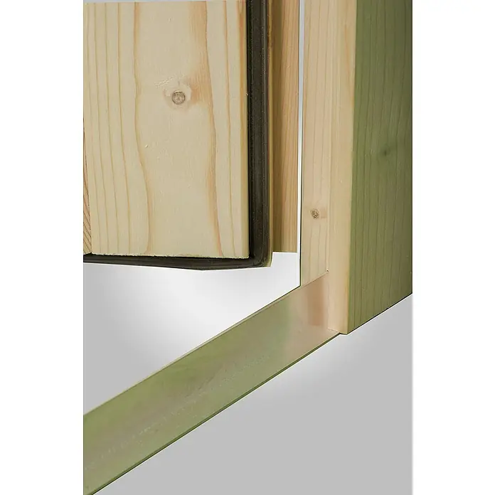 Panto Nebeneingangstür NET 501 - 88 x 200 cm, DIN Anschlag: Links - Detailaufnahme eines Holzfensterrahmens mit Dichtung und metallischer Verstärkung, der die Konstruktionsweise und Materialbeschaffenheit hervorhebt.