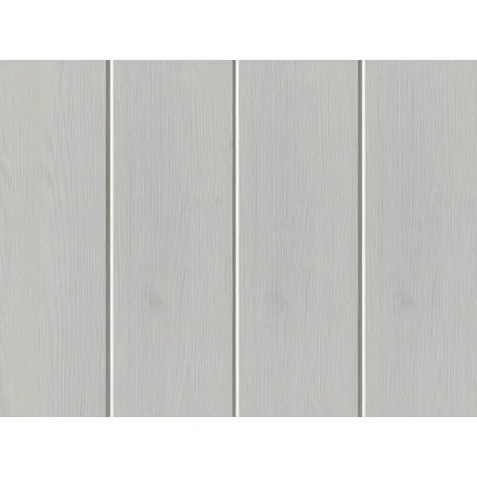 Respekta Premium Küchenzeile Anton - Breite: 300 cm, Weiß, Mit Elektrogeräten - Nahaufnahme einer weißen Holzpaneele mit vertikalen Brettern und subtiler Maserung, ideal für rustikale oder moderne Inneneinrichtungen.