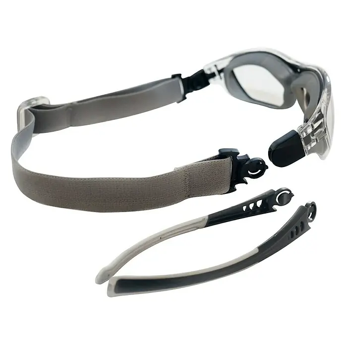 OX-ON Schutzbrille Multi Supreme Clear - Grau/Schwarz, Antibeschlagausführung - Detaillierte Ansicht einer transparenten Schutzbrille mit grauem Band und separaten Bügeln. Ideal für den Schutz der Augen bei Arbeiten.