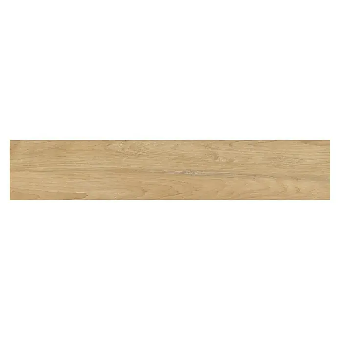 Pavimento porcelánico Sherwood - 23 x 120 cm, Beige, Mate - Primer plano de una baldosa de madera clara natural con un grano suave, ideal para interiores modernos.