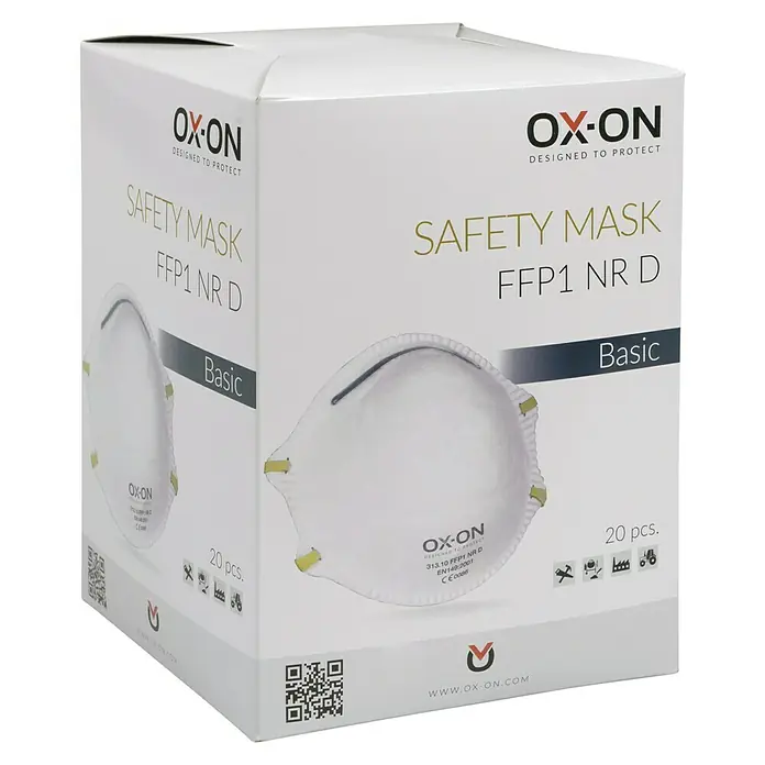 OX-ON Feinstaubmaske NR D Basic - FFP1, 20 Stk. - Verpackung von OX-ON Basic FFP1 NR D Atemschutzmasken, idealer Schutz bei der Arbeit. Inhalt: 20 Stück.