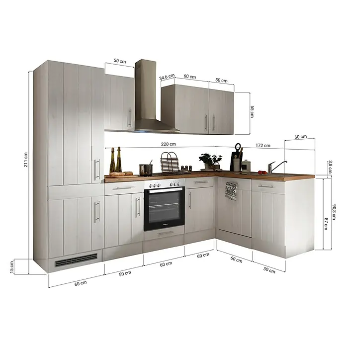 Respekta Premium Winkelküche Anton - B x T: 280 x 172 cm, Weiß, Mit Elektrogeräten - Eine Küche mit weißen Schränken und Geräten, mit Maßangaben versehen für Planungszwecke.