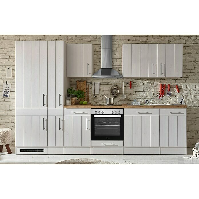 Respekta Premium Küchenzeile BERP310LHWC (Breite: 310 cm, Mit Elektrogeräten, Lärche Weiß-Nachbildung)