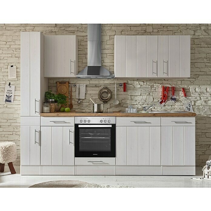 Respekta Premium Küchenzeile BERP250LHWC (Breite: 250 cm, Mit Elektrogeräten, Lärche Weiß-Nachbildung)