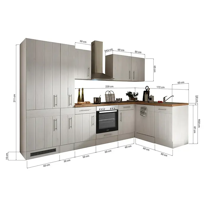 Respekta Premium Winkelküche Anton - B x T: 310 x 172 cm, Weiß, Mit Elektrogeräten - Eine moderne Einbauküche in Weiß mit Holzarbeitsplatte und verschiedenen Schränken. Die Küche ist mit Maßen versehen.