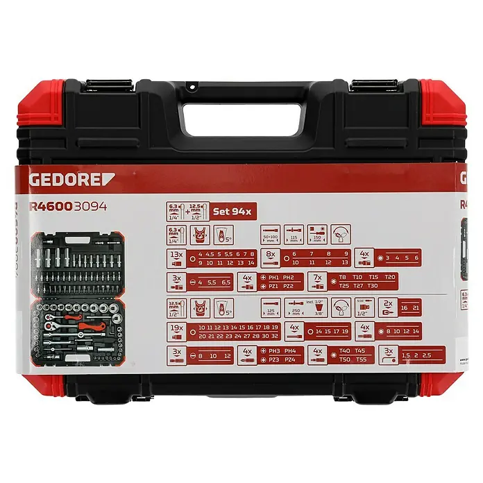 Gedore red Steckschlüssel-Set - 94 -tlg., Antriebsgröße: ½″ - Bild einer Gedore R46003094 Werkzeugkiste mit 94 Teilen, ideal für verschiedene Reparatur- und Wartungsarbeiten.