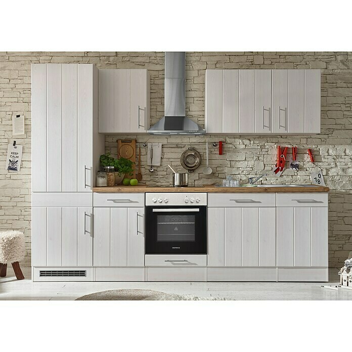 Respekta Premium Küchenzeile BERP280LHWC (Breite: 280 cm, Mit Elektrogeräten, Lärche Weiß-Nachbildung)