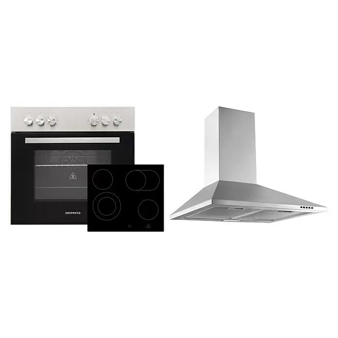 Respekta Premium Composición de cocina Anton - Ancho: 240 cm, Blanco, Con electrodomésticos - Horno de acero inoxidable con cristal negro, placa de inducción negra y campana extractora de acero inoxidable a juego. Conjunto de electrodomésticos de cocina.