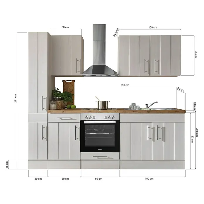 Respekta Premium Küchenzeile Anton - Breite: 240 cm, Weiß, Mit Elektrogeräten - Das Bild zeigt eine Küchenzeile in Weiß mit Holzplatte, inklusive Maße und Oberschränken, Dunstabzugshaube und einem eingebauten Ofen.