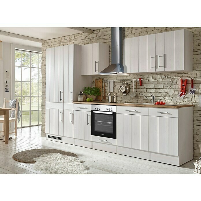 Respekta Premium Küchenzeile BERP310LHWC (Breite: 310 cm, Mit Elektrogeräten, Lärche Weiß-Nachbildung)
