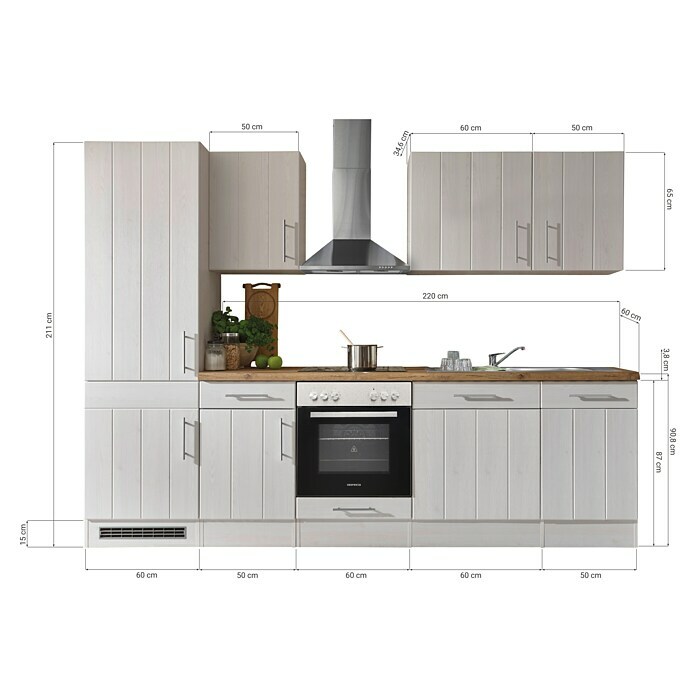 Respekta Premium Küchenzeile BERP280LHWC (Breite: 280 cm, Mit Elektrogeräten, Lärche Weiß-Nachbildung)
