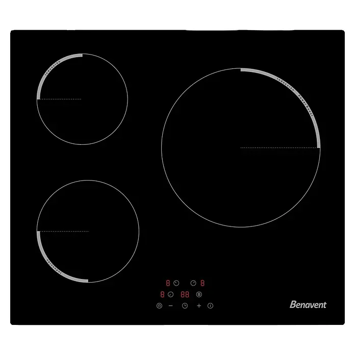 Benavent Placa de cocción IBB630 - An x L: 59 x 52 cm - Imagen de una placa de inducción Benavent con tres zonas de cocción y controles digitales.