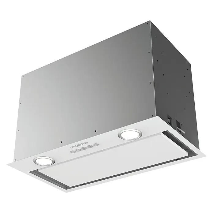 Mepamsa Campana integrable IRUN 2.0 - Ancho: 52 cm, Máx. Potencia del ventilador en modo extracción: 570 m³/h, Blanco/Acero inoxidable - Imagen de una campana extractora moderna blanca y plateada, que combina un rendimiento eficiente y un diseño elegante para la cocina.