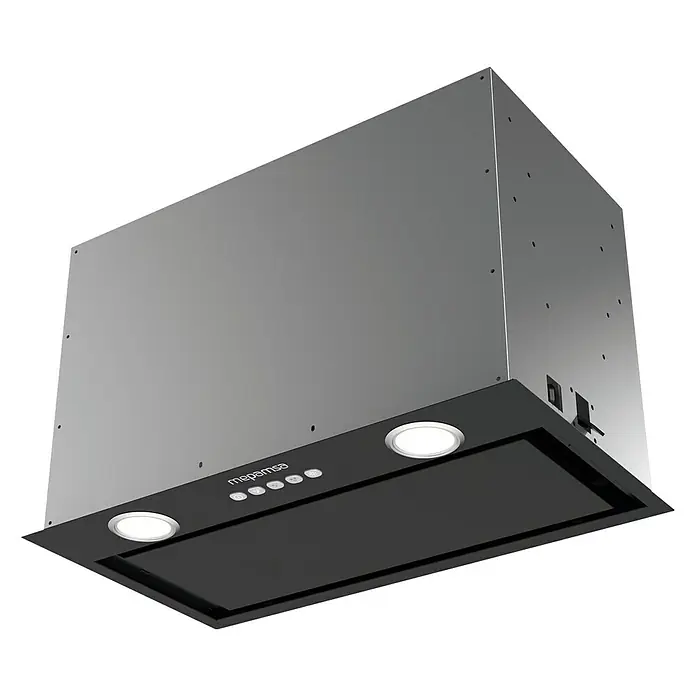 Mepamsa Campana integrable IRUN 2.0 - Ancho: 70 cm, Máx. Potencia del ventilador en modo extracción: 570 m³/h, Negro/Acero inoxidable - Primer plano de una campana extractora Mepamsa con acabado negro y luces integradas, ideal para una ventilación de cocina moderna.