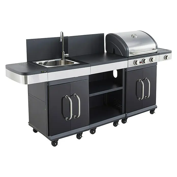 Mueble auxiliar modular para barbacoa Fidgi - Negro/Plateado - Esta es una foto de una cocina exterior con fregadero y parrilla, caracterizada por su diseño moderno y funcionalidad.