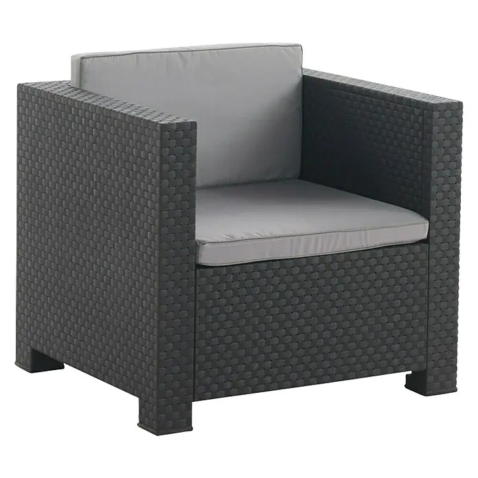 Shaf Conjunto de muebles Sira - 5 pzs., Polipropileno, Grafito - Sillón de exterior gris con cojines. El sillón tiene un diseño de mimbre y es perfecto para el jardín, el patio o el balcón.