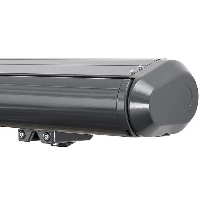Sunfun LED-Vollkassettenmarkise - Hellgrau, Breite: 4 m, Ausfall: 3 m - Bild einer grauen Markise, die vor Sonne und Regen schützt und Schatten spendet. Sie ist robust und wetterfest.