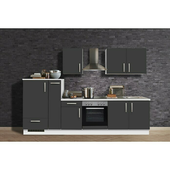Menke Küchenzeile Premium (Breite: 300 cm, Schiefer Grau, Farbe Arbeitsplatte: Weiß, Mit Elektrogeräten)