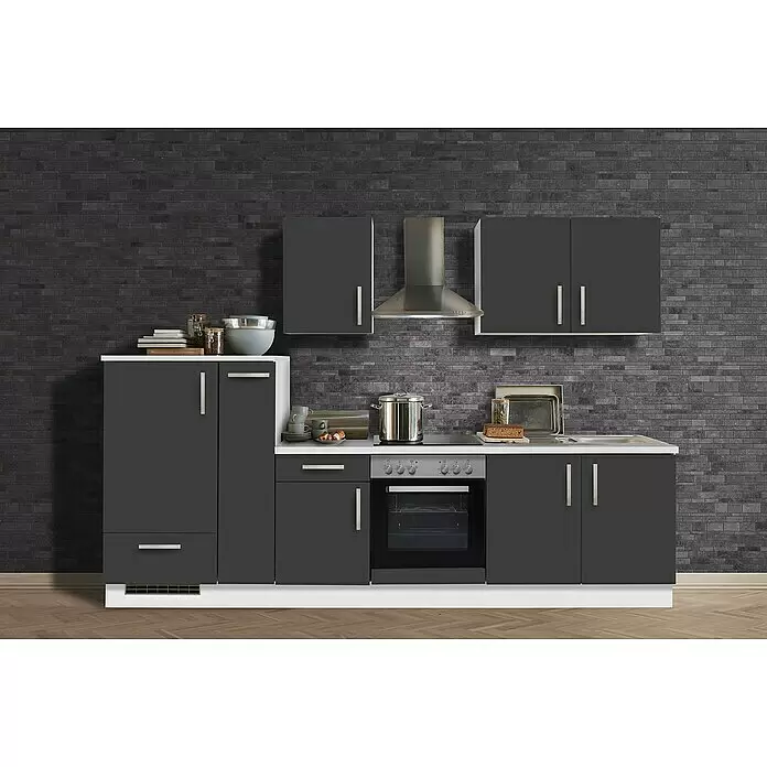 Menke Küchenzeile Premium - Breite: 300 cm, Schiefer Grau, Farbe Arbeitsplatte: Weiß, Mit Elektrogeräten - Stimmungsaufnahme