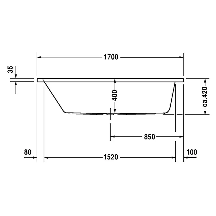 Duravit D-Code Badewanne - 170 x 70 cm, Sanitäracryl, Weiß - Technische Zeichnung einer Badewanne mit den Maßen 1700 x 1520 mm, Höhe ca. 420 mm. Die Skizze zeigt Details der Wannenform und Abmessungen.