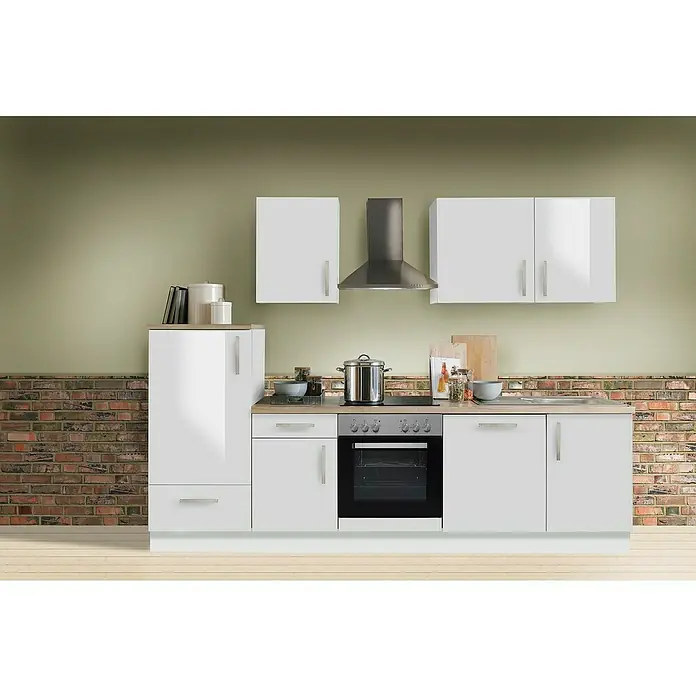 Menke Küchenzeile Premium - Breite: 280 cm, Weiß, Mit Elektrogeräten, Mit Geschirrspüler, Farbe Arbeitsplatte: Asteiche - Moderne Küche mit weißen Schränken und Holzarbeitsplatten. Ein Kochfeld mit einem Topf darauf und ein integrierter Ofen sind vorhanden.
