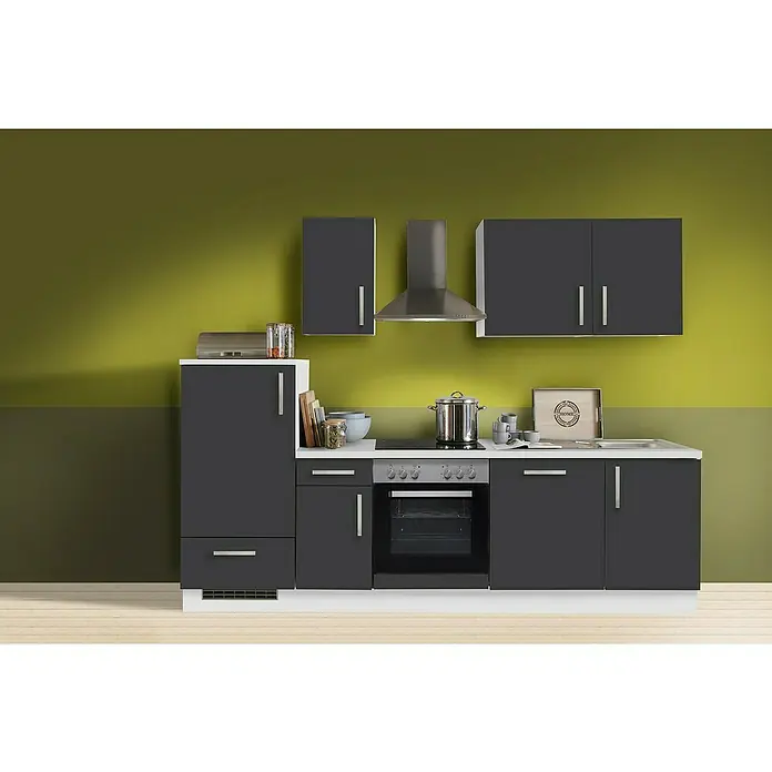 Menke Küchenzeile Premium - Breite: 270 cm, Schiefer Grau, Mit Elektrogeräten, Mit Geschirrspüler, Weiß - Eine moderne Küche mit grauen Schränken, einer Dunstabzugshaube und einer Arbeitsplatte in Weiß, die eine stilvolle und funktionale Kochumgebung bietet.