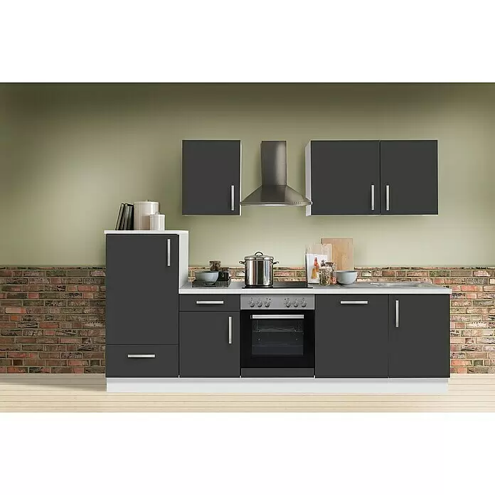 Menke Küchenzeile Premium - Breite: 280 cm, Schiefer Grau, Mit Elektrogeräten, Mit Geschirrspüler, Weiß - Moderne dunkelgraue Küchenzeile mit weißen Arbeitsplatten, integrierten Geräten und Spüle.