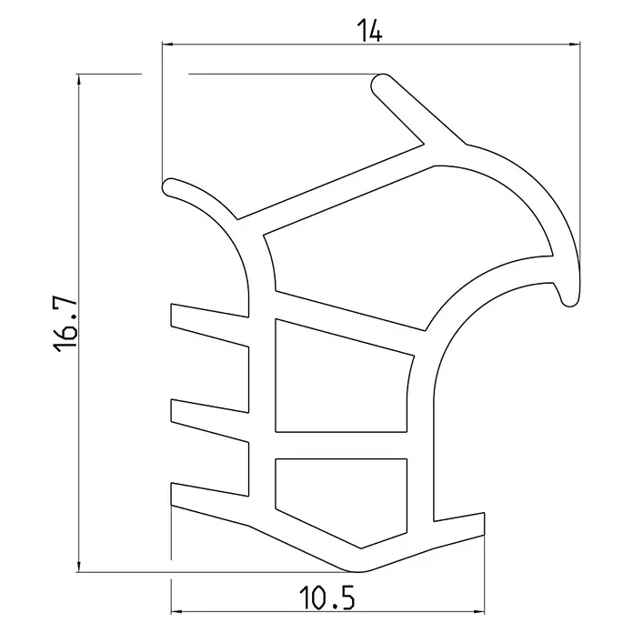 Hörmann Ersatzdichtung - Länge: 4,95 m, Passend für: Hörmann ZK-Elemente - Illustration eines Dichtungsstreifens mit den Maßen 14 x 16,7 cm und einer Basis von 10,5 cm.