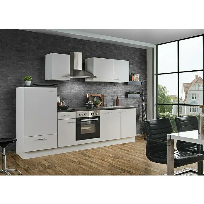 Menke Küchenzeile Classic - Breite: 270 cm, Weiß, Mit Elektrogeräten, Mit Geschirrspüler - Moderne Küche in Weiß mit schwarzer Arbeitsplatte und Geräten. Die Einrichtung ist stilvoll und funktional mit viel Stauraum.