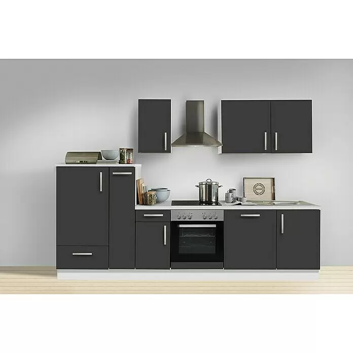 Menke Küchenzeile Premium - Breite: 300 cm, Schiefer Grau, Mit Elektrogeräten, Mit Geschirrspüler, Weiß - Moderne Küchenzeile mit dunkelgrauen Schränken, hellen Arbeitsplatten und Geräten.