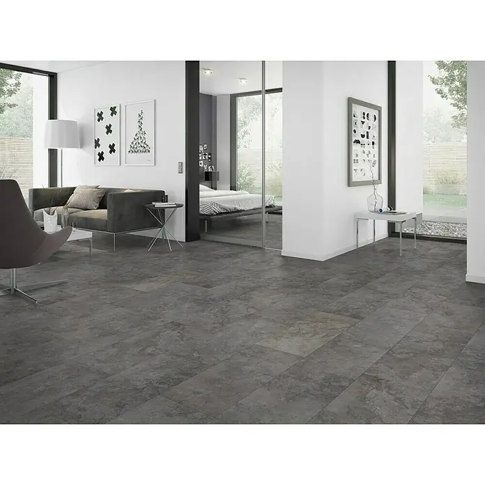 Classen Vinylbodenmuster GreenVinyl Nimbus Dark - 300 x 310 x 4 mm, Fliesenoptik - Elegantes Interieur mit modernem grauen Fliesenboden, der dem Raum ein stilvolles und zeitgemäßes Aussehen verleiht.