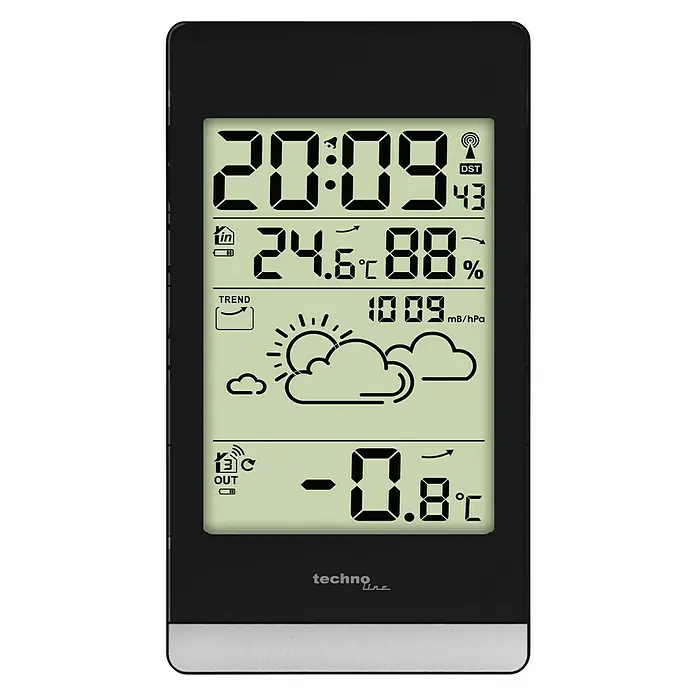 Technoline Wetterstation WS 9132 - Digitales Display, Batteriebetrieben, Schwarz, 4 x 2,7 x 10,4 cm - Das Bild zeigt eine Wetterstation mit Anzeige von Uhrzeit, Innen- und Außentemperatur, Luftfeuchtigkeit und Luftdruck.