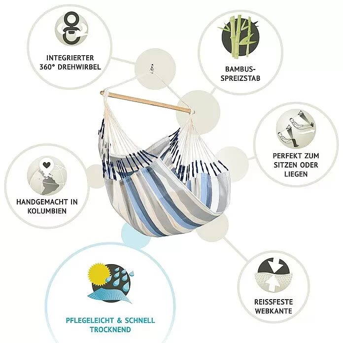 La Siesta Hängesessel Domingo Comfort - Sea Salt - Gestreifter Hängesessel in Blau, Weiß und Grau mit Holzspreizstab und integriertem 360°-Drehwirbel.