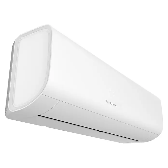 PR Klima Aire acondicionado Inverter Pro 09 - 2.600 W, 2.700 W, 10 m² - 15 m², Blanco - Primer plano de un moderno aire acondicionado blanco de Pro Klima, montado en la pared. La unidad es elegante y discreta.